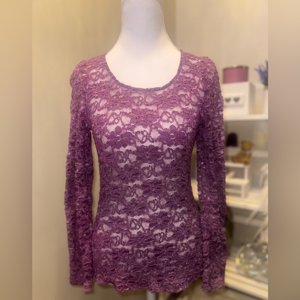 INC International Concepts Purple Sheer Lace Blouse | Long Sleeve Top | Small